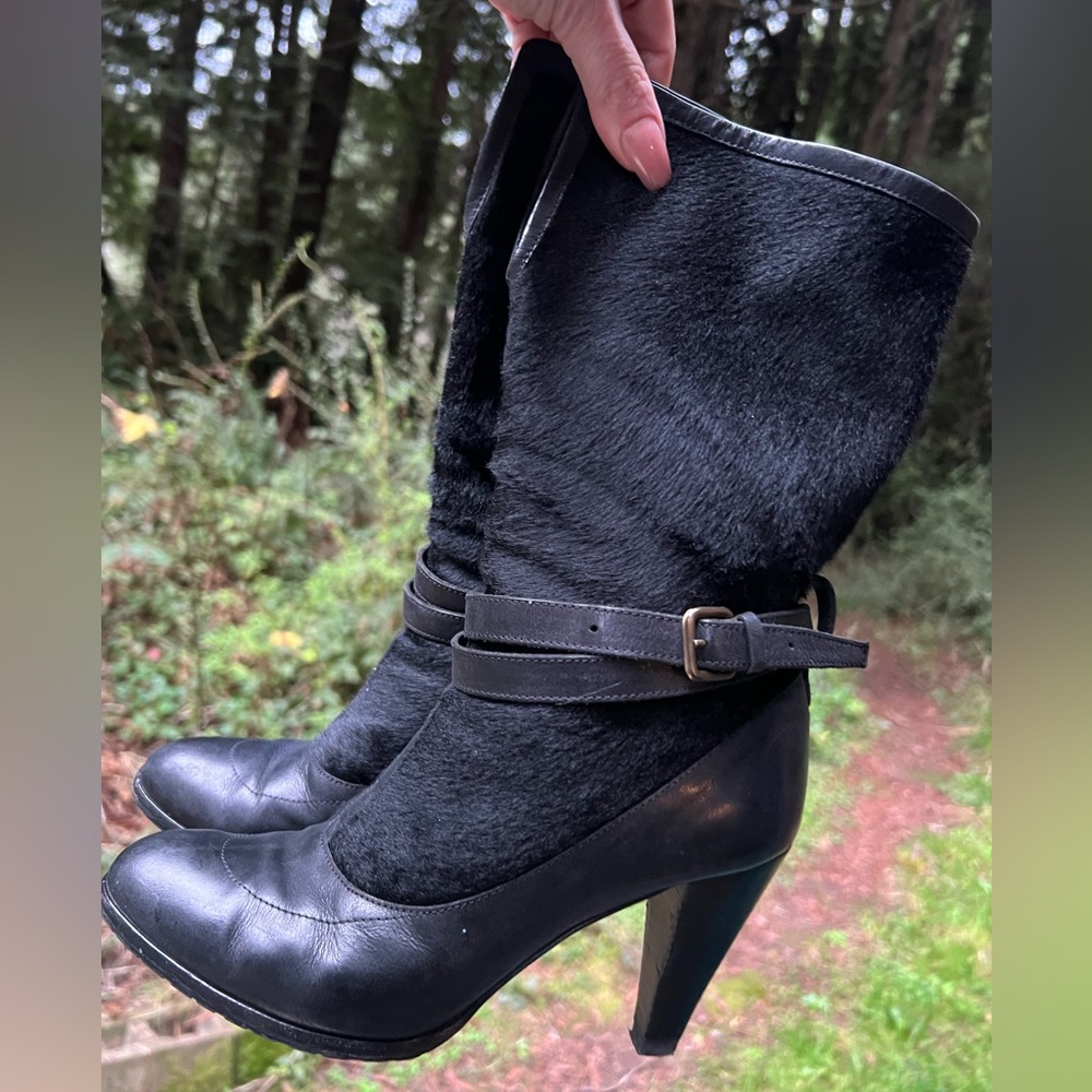 Derek Lam Black Calf Hair Leather Harness Buckle Boots